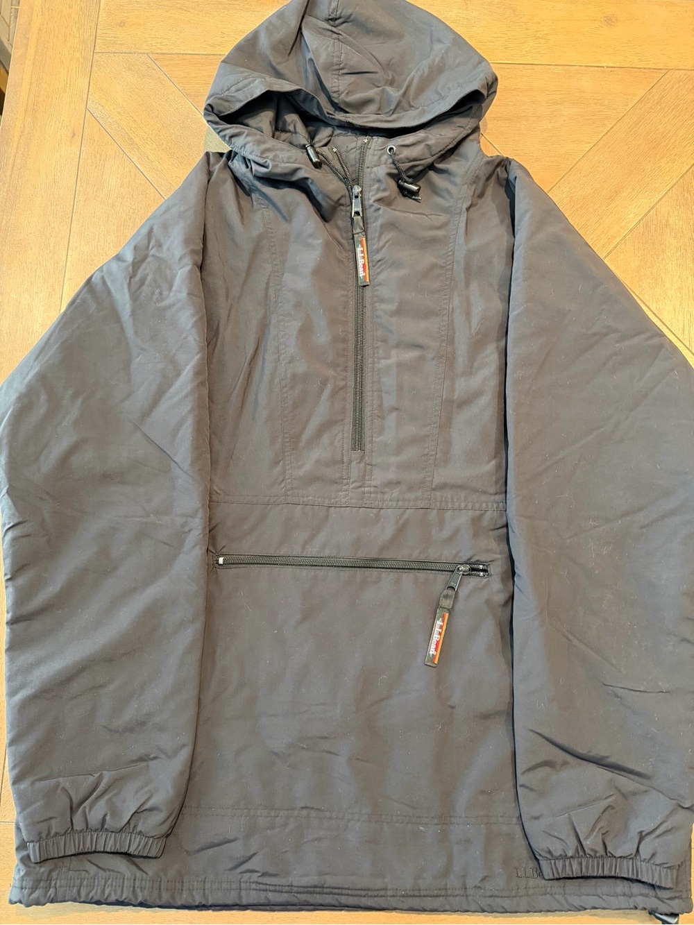 LL Bean Jacket Mens Large Black Nylon Anorak Hooded Pullover Insulated